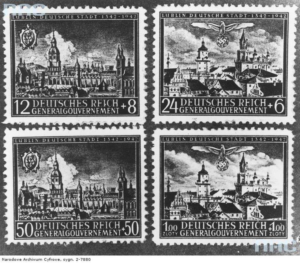  Znaczki pocztowe z widokiem Lublina wyemitowane przez Niemiecką Pocztę Wschód w 1942 roku. 