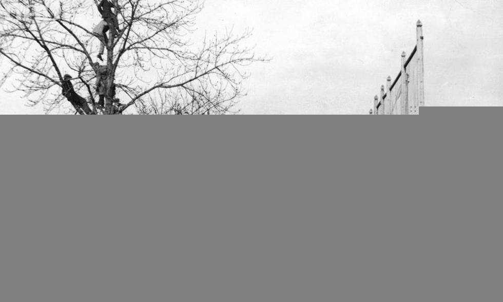  Mecz piłki nożnej Garbarnia Kraków - Wisła Kraków w Krakowie. Kibice oglądający mecz spoza boiska Garbarni. 

Data wydarzenia: 1931