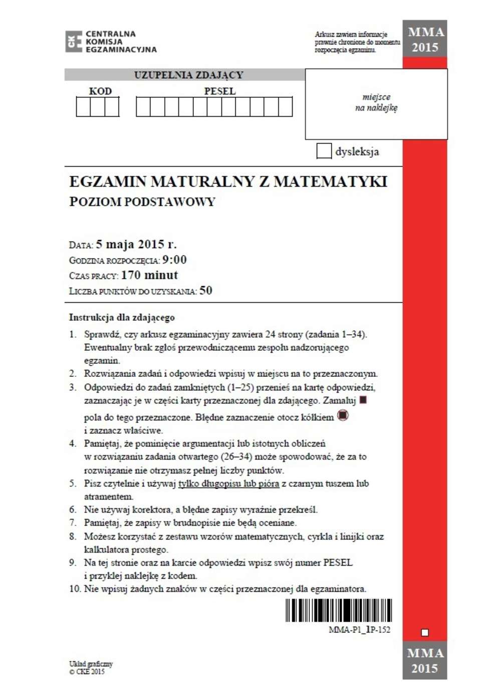  Matura 2015 - matematyka. Arkusz z CKE