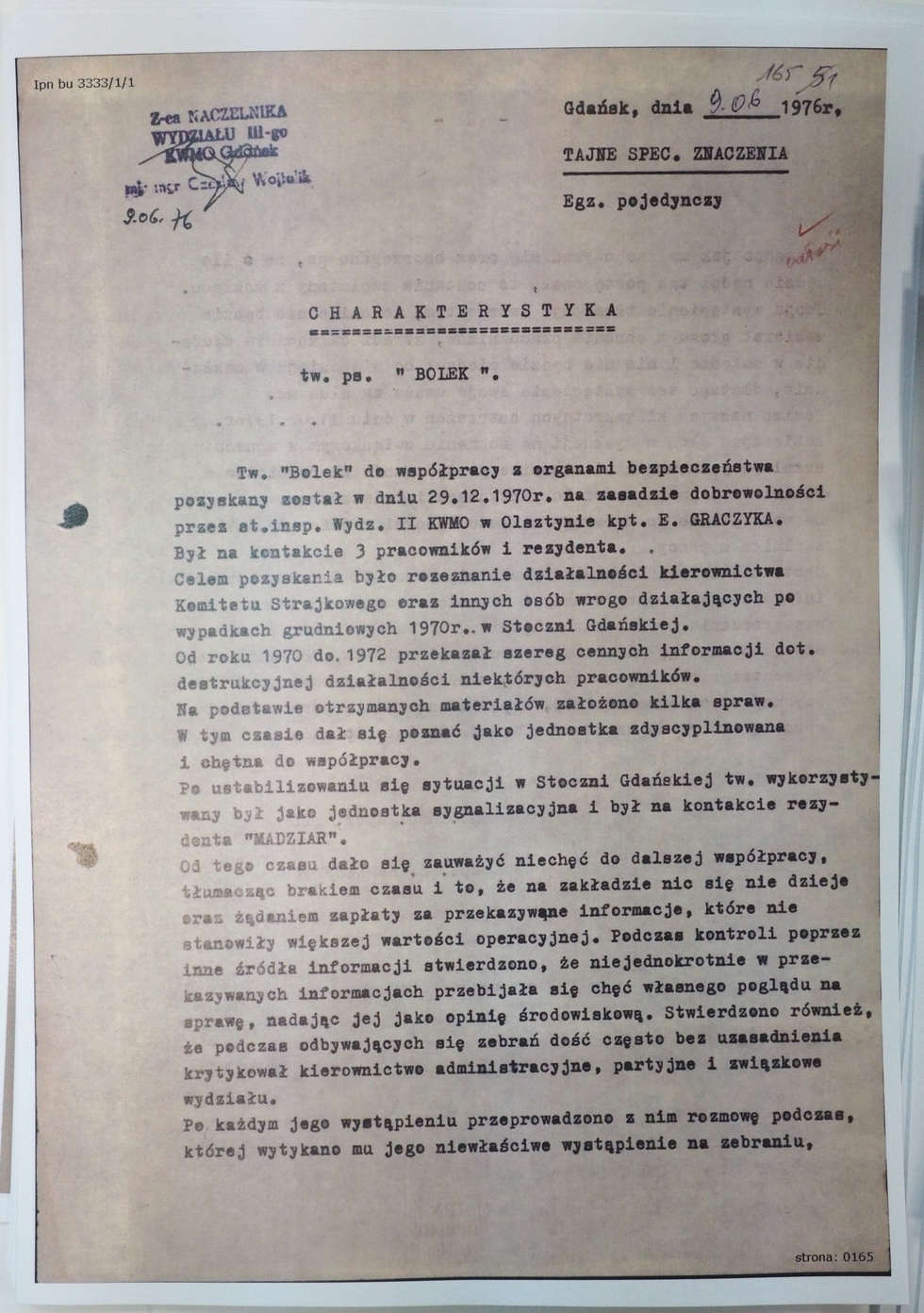  List Kiszczaka do Dyrektora Archiwum Akt Nowych i akta TW Bolka w IPN (zdjęcie 17) - Autor: Wojciech Nieśpiałowski