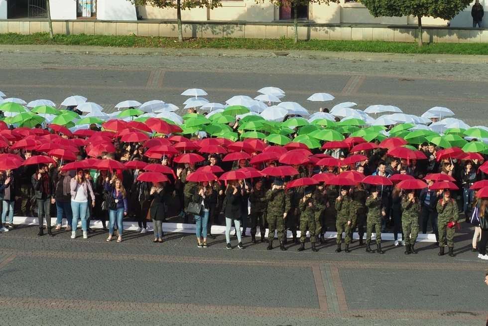  Licealiści Lublinowi: flaga miasta ułożona z parasolek na pl. Zamkowym (zdjęcie 10) - Autor: Maciej Kaczanowski