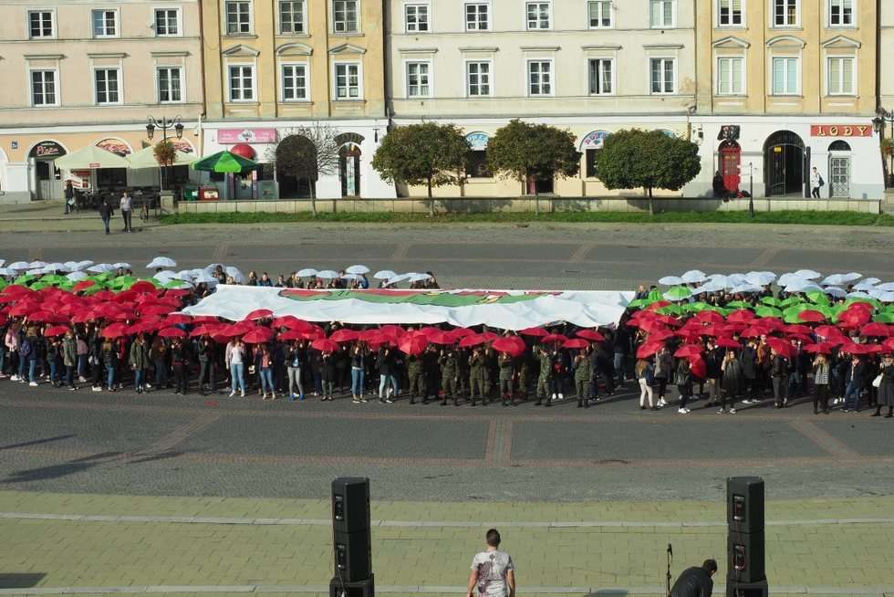  Licealiści Lublinowi: flaga miasta ułożona z parasolek na pl. Zamkowym (zdjęcie 8) - Autor: Maciej Kaczanowski