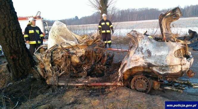 Karwiny: Renault uderzyło w drzewo i stanęło w ogniu. 5 osób nie żyje - Autor: Policja