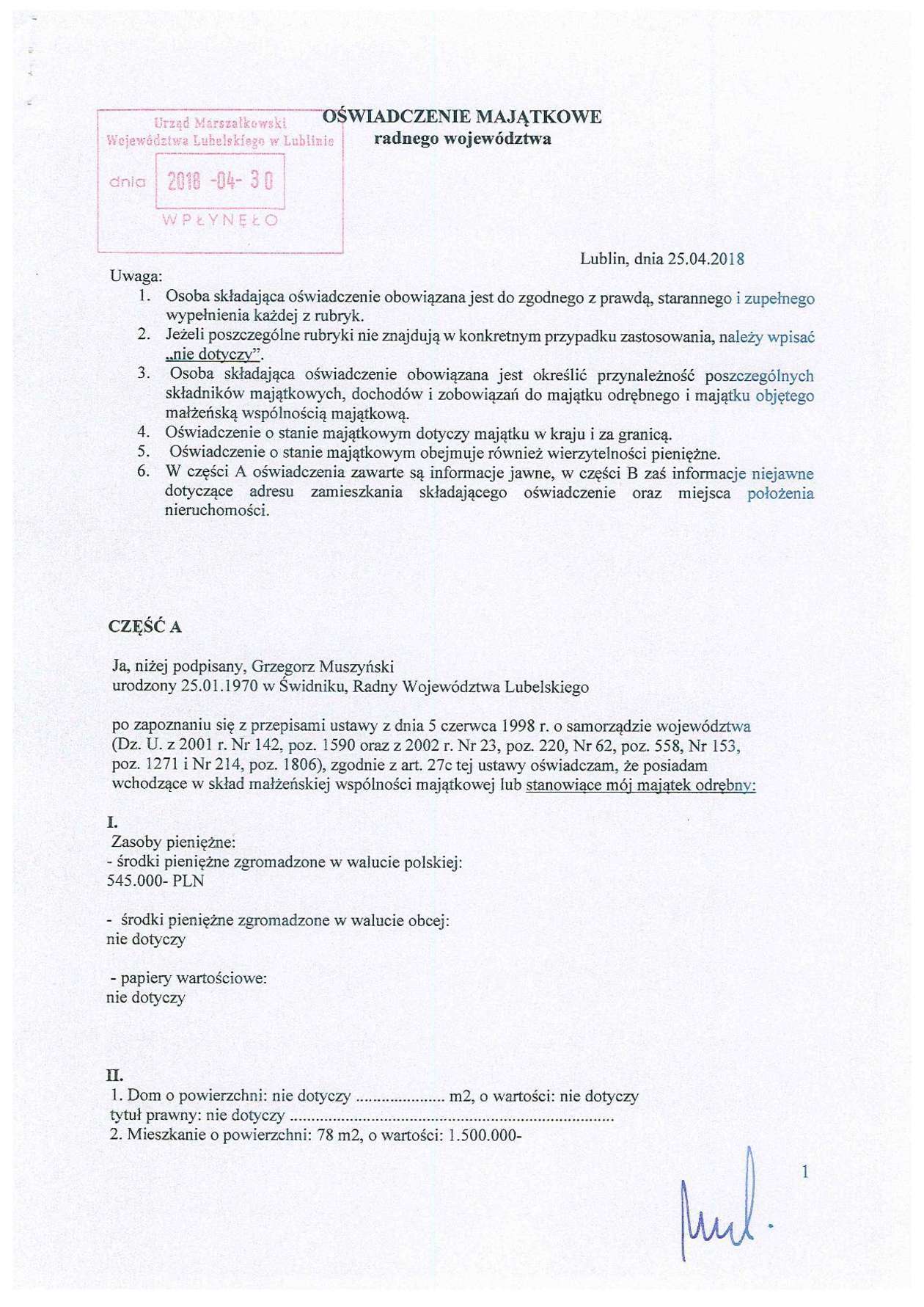  Oświadczenia majątkowe radnych wojewódzkich PiS (zdjęcie 8) - Autor: Grzegorz Muszyński - oświadczenie majątkowe