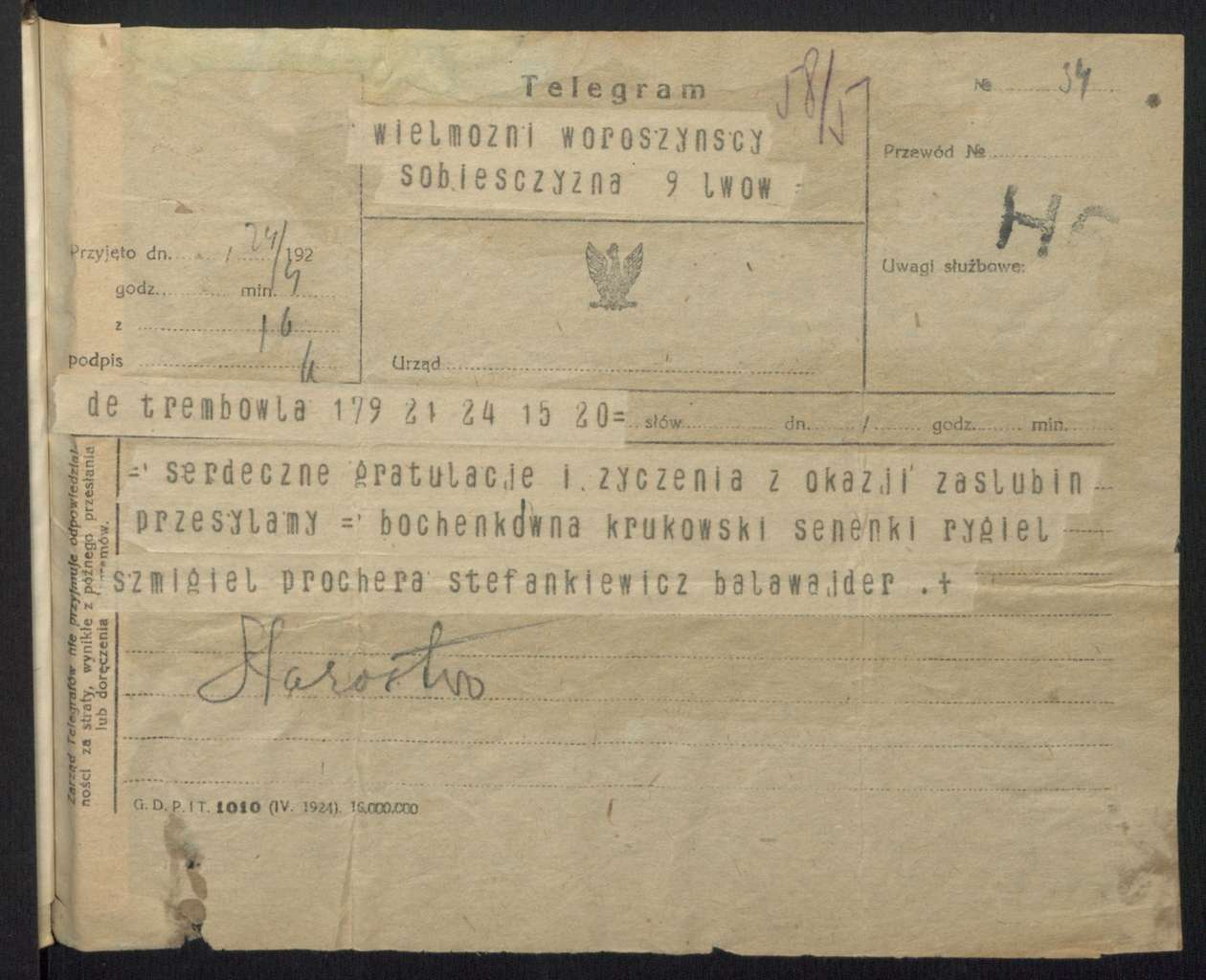  <p>Telegramy gratulacyjne Ireny Woroszyńskiej z&nbsp;okazji ślubu z&nbsp;Romanem Woroszyńskim zawartego w&nbsp;1925 r.</p>