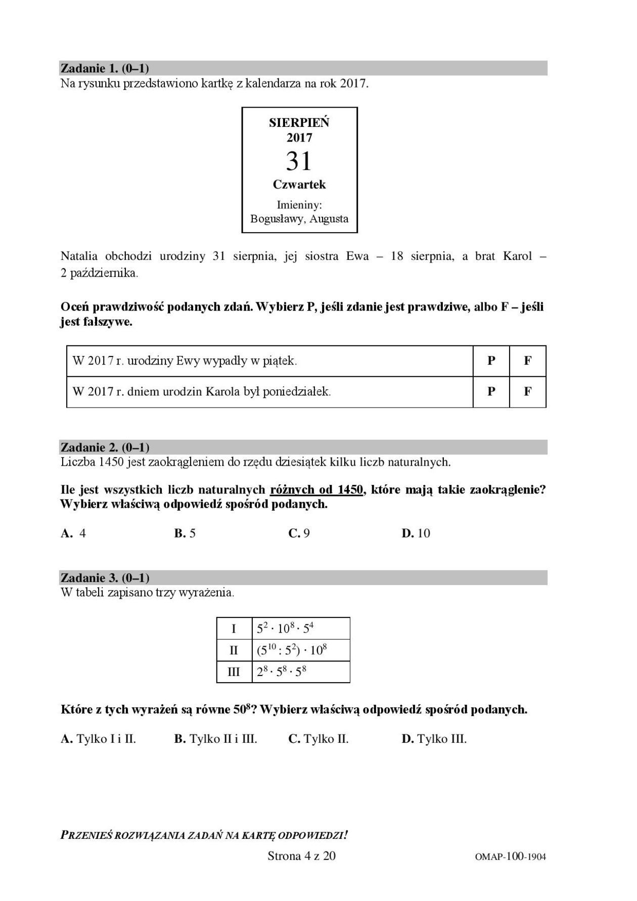  Egzamin ósmoklasisty 2019 matematyka. Arkusze CKE (zdjęcie 1) - Autor: CKE