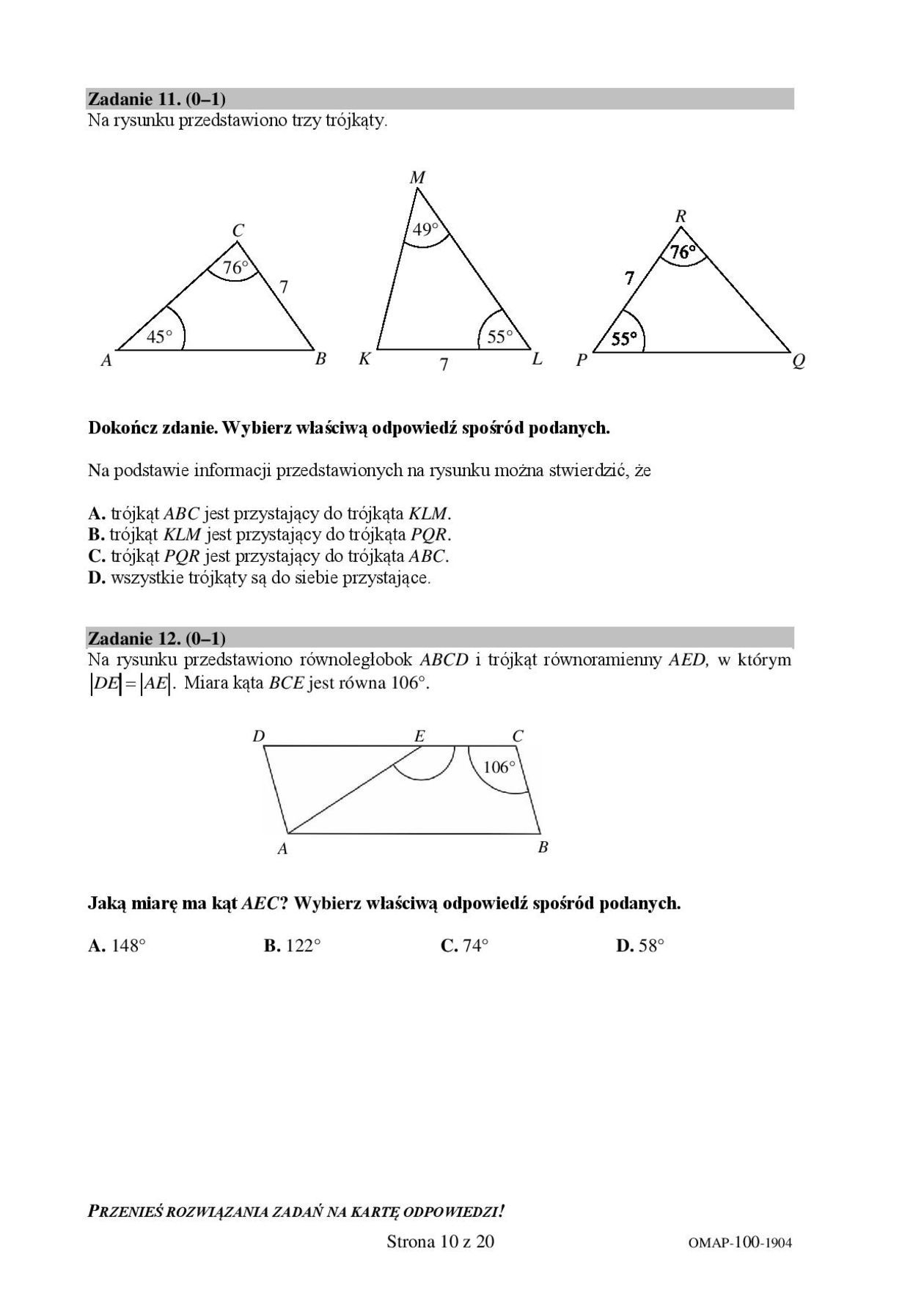  Egzamin ósmoklasisty 2019 matematyka. Arkusze CKE (zdjęcie 1) - Autor: CKE