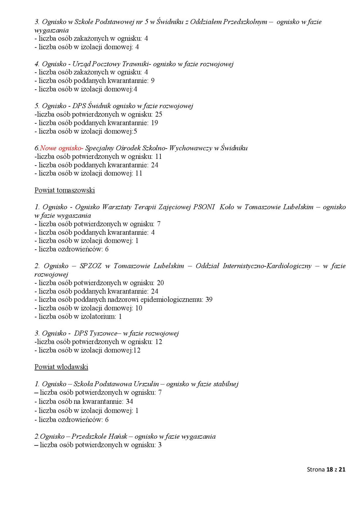  Ogniska epidemiczne w województwie lubelskim. 4 listopada 2020 r. (zdjęcie 18) - Autor: Wojewódzka Stacja Sanitarno-Epidemiologiczna w Lublinie