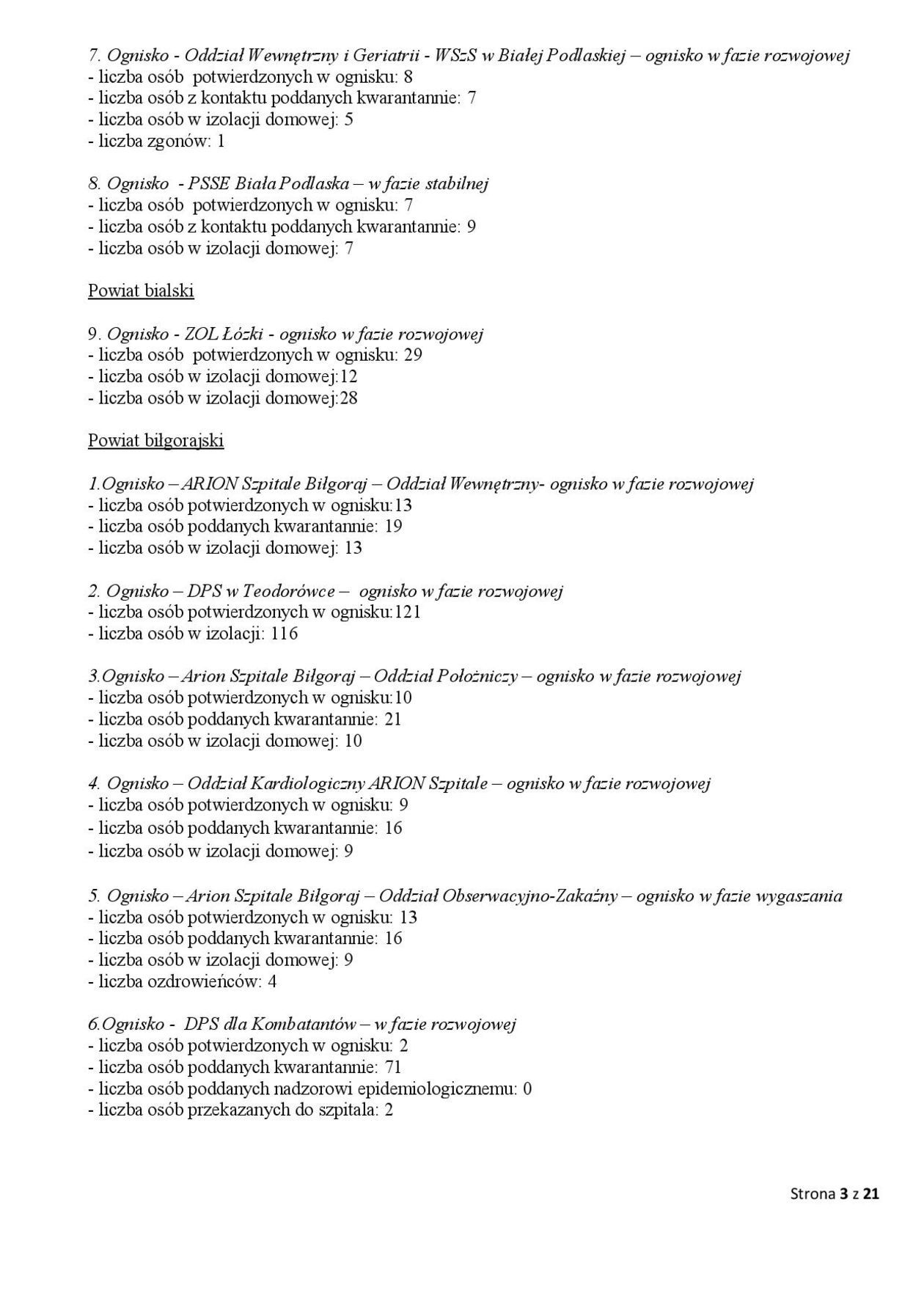  Ogniska epidemiczne w województwie lubelskim. 4 listopada 2020 r. (zdjęcie 3) - Autor: Wojewódzka Stacja Sanitarno-Epidemiologiczna w Lublinie