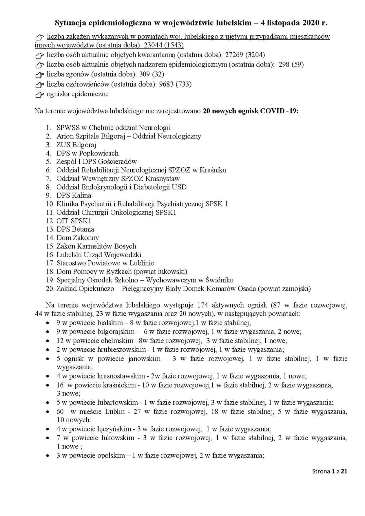  Ogniska epidemiczne w województwie lubelskim. 4 listopada 2020 r. (zdjęcie 1) - Autor: Wojewódzka Stacja Sanitarno-Epidemiologiczna w Lublinie