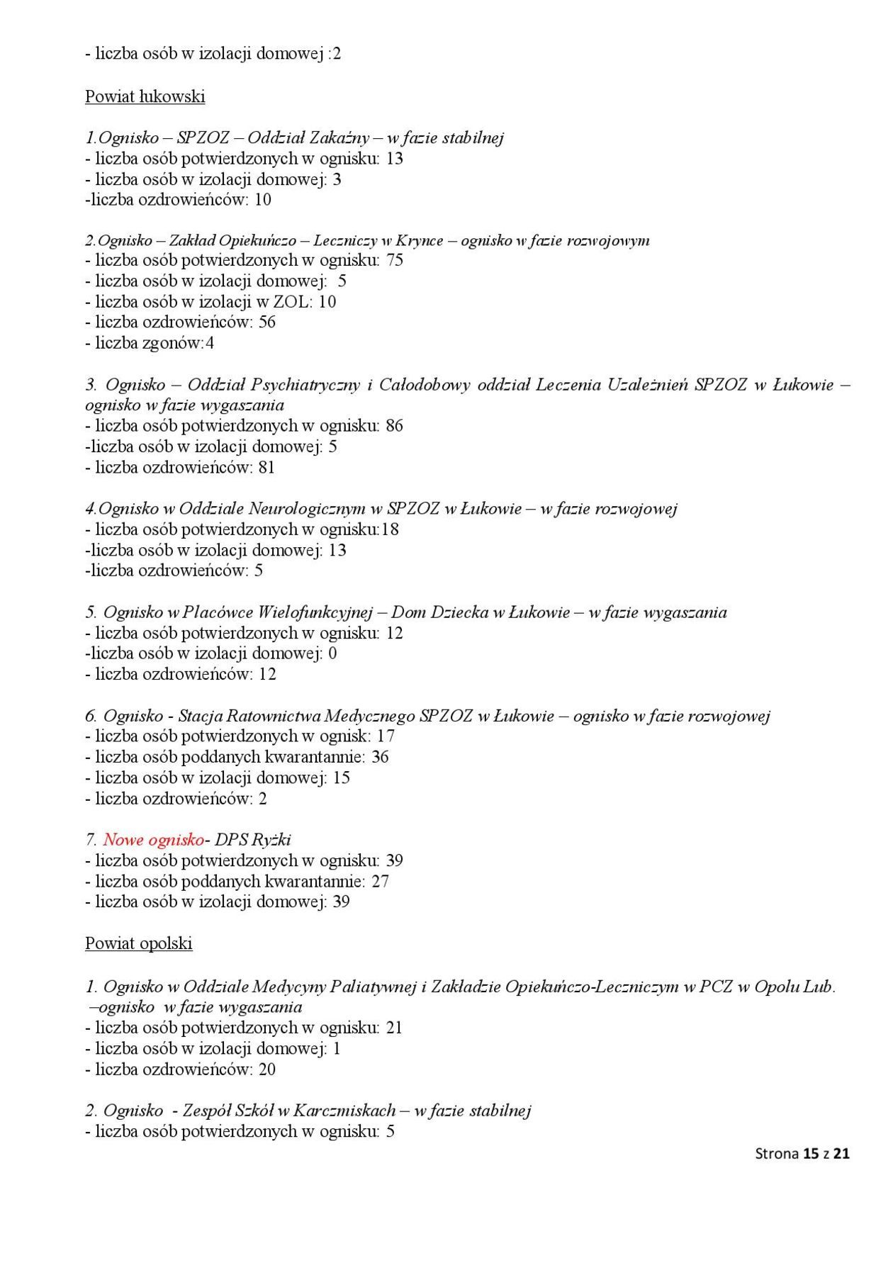  Ogniska epidemiczne w województwie lubelskim. 4 listopada 2020 r. (zdjęcie 15) - Autor: Wojewódzka Stacja Sanitarno-Epidemiologiczna w Lublinie