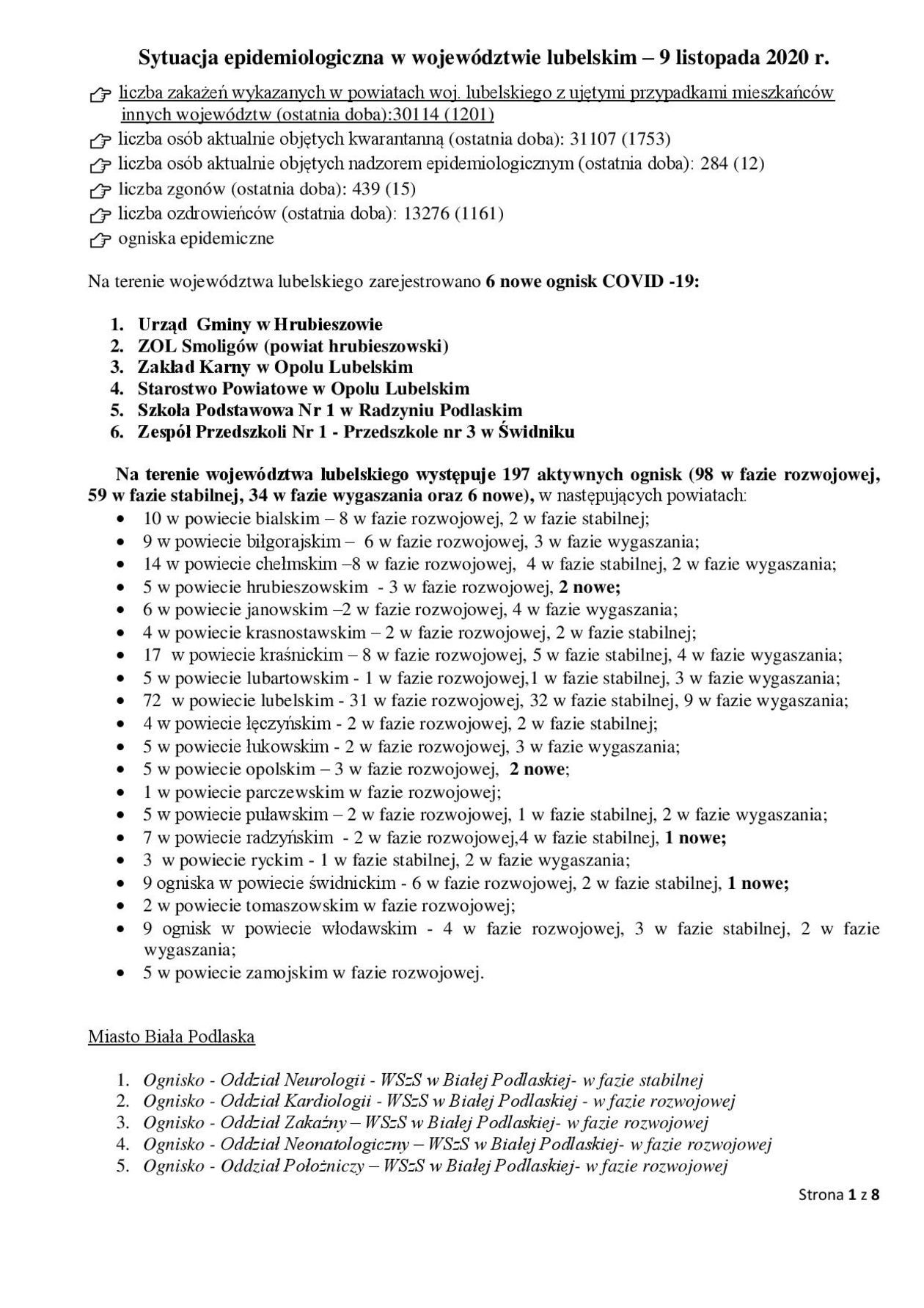  Ogniska epidemiczne w województwie lubelskim. 9 listopada 2020 r. (zdjęcie 1) - Autor: Wojewódzka Stacja Sanitarno-Epidemiologiczna w Lublinie