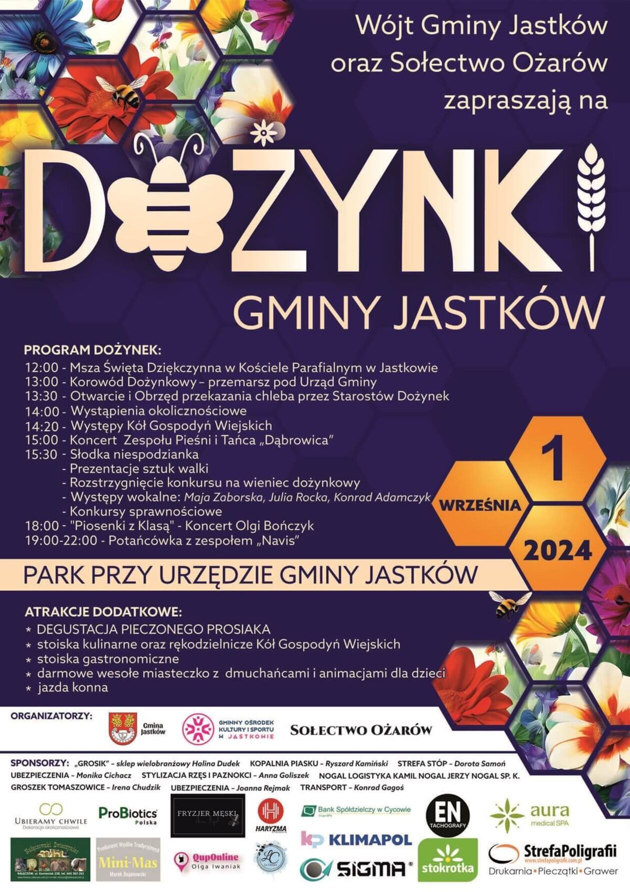  <p>Święto plon&oacute;w odbędzie się na terenie parku przy Urzędzie Gminy. Na uczestnik&oacute;w czeka słodki poczęstunek, jarmark produkt&oacute;w tradycyjnych oraz atrakcje dla dzieci. Zaśpiewa Olga Bończyk. Początek imprezy o 12.00</p>