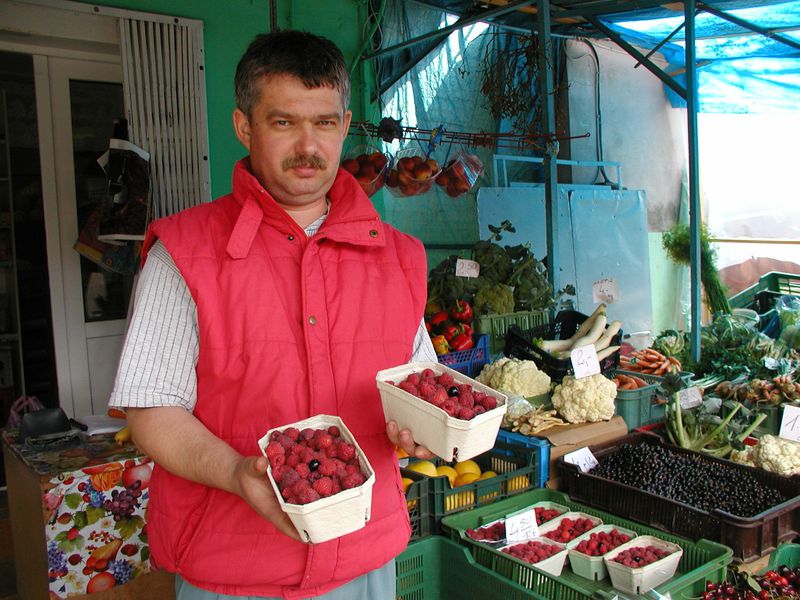 Na "zielonym rynku” w Zamościu Leszek Roczniak sprzedaje maliny w pojemnikach w cenie 4,5 zł za ok.