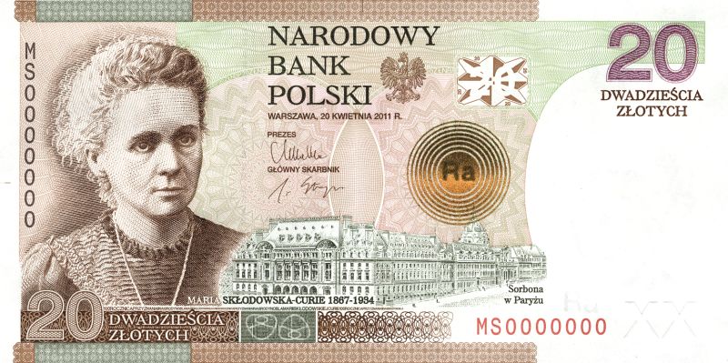 Banknot NBP z Marią Skłodowską-Curie. 