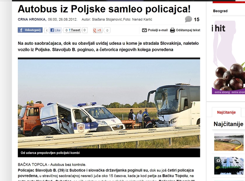 Wypadek szeroko relacjonowały internetowe wydania serbskich gazet, m.in. Kurir (kurir-info.rs)