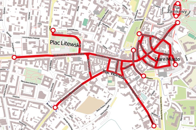 Drogowa rewolucja w centrum Lublina - na czerwono zaznaczono ulice bez samochodów (propozycja) (Źród