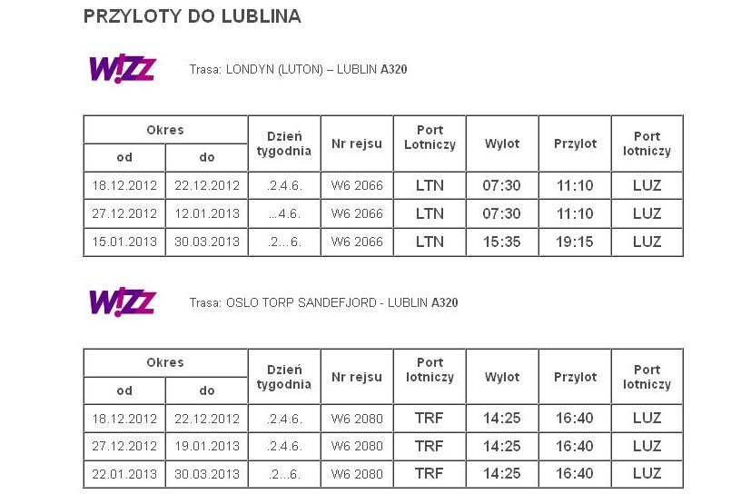 Fragment rozkładu lotów do/z Lublina obowiązujący w sezonie Zima 2012/2013. Więcej można znaleźć na 