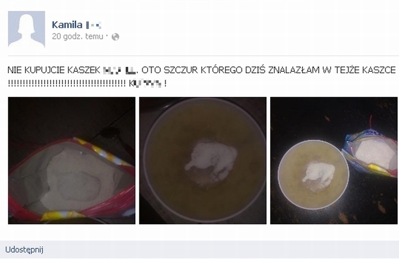 Pani Kamila zamieściła na Facebooku trzy zdjęcia kaszki. Na wszystkich widać białą bryłę.  