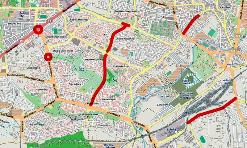 Kolorem czerwonym zaznaczono ulice i skrzyżowania, które tego lata będą przebudowywane (Infografika: