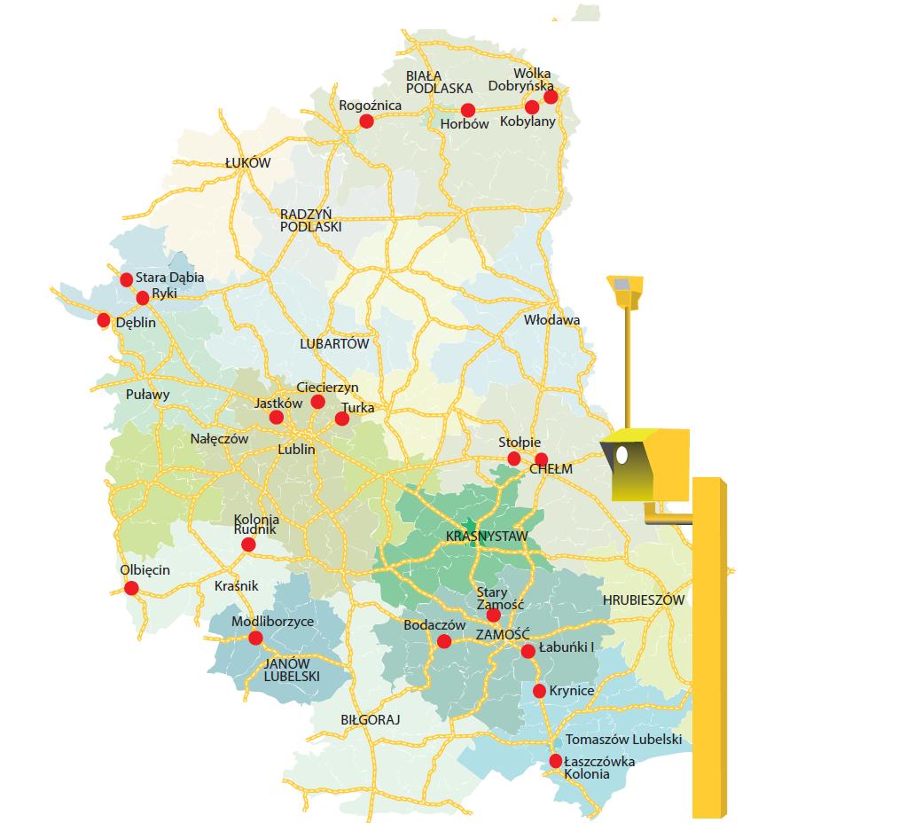 Lokalizacje 20 fotoradarów ITD połączonych z Centrum Automatycznego Nadzoru nad Ruchem Drogowym. (Gr