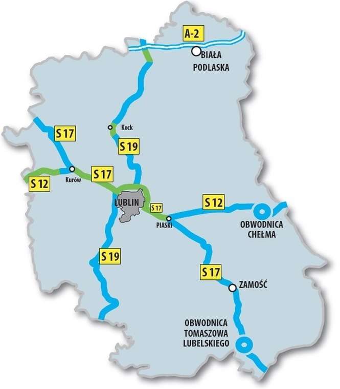 Tak, najpóźniej do 2025 roku, ma wyglądać sieć dróg szybkiego ruchu w Lubelskiem (na zielono – drogi istniejące)