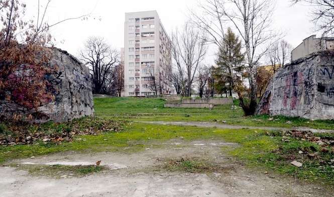 Teraz teren w większości porasta trawa i są tu jeszcze pozostałości po pomniku Bolesława Bieruta  (Fot. Dorota Awiorko)