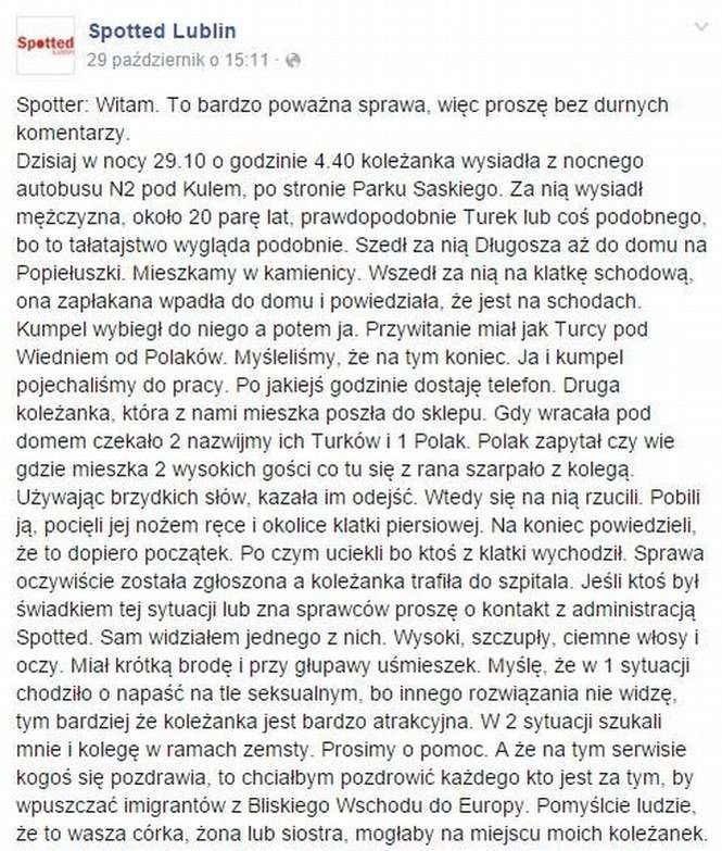Informacja o rzekomym ataku na kobiety na lubelskiej Wieniawie ukazała się w internecie na profilu Spotted Lublin na portalu Facebook
