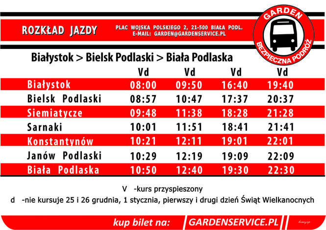 Rozkład jazdy linii z Białej Podlaskiej do Białegostoku