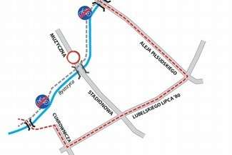 Linią czerwoną przerywaną zaznaczony objazd