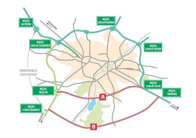 A – planowany przebieg nowej drogi <br />
B – alternatywny przebieg tzw. południowej obwodnicy Lublina – poza granicami miasta
