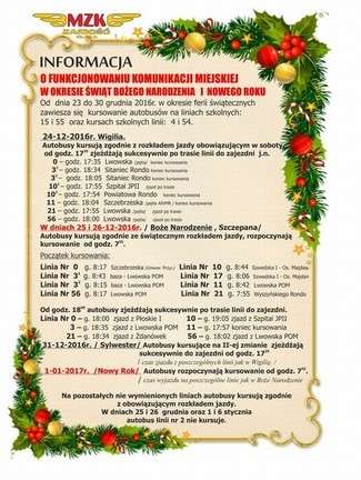 Świąteczny rozkład jazdy komunikacji miejskiej w Zamościu