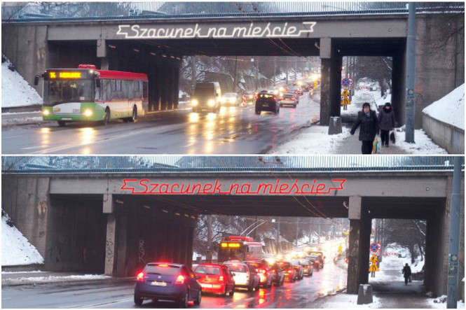 Świecący napis „Szacunek na mieście” widoczny będzie dla kierowców jadących od ul. Fabrycznej w stronę Bronowic. Neon świecić ma bielą lub czerwienią. Decyzji jeszcze nie ma.