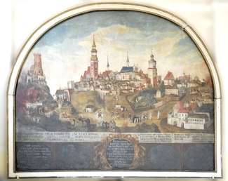 „Pożar Lublina w 1719 roku” to panorama anonimowego malarza cechowego znajdująca się w kościele dominikanów