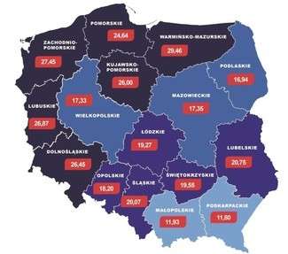 Liczba dłużników alimentacyjnych w przeliczeniu na 1000 mężczyzn w wieku 18+ (Dane Krajowego Rejestru Długów BIG S.A.)