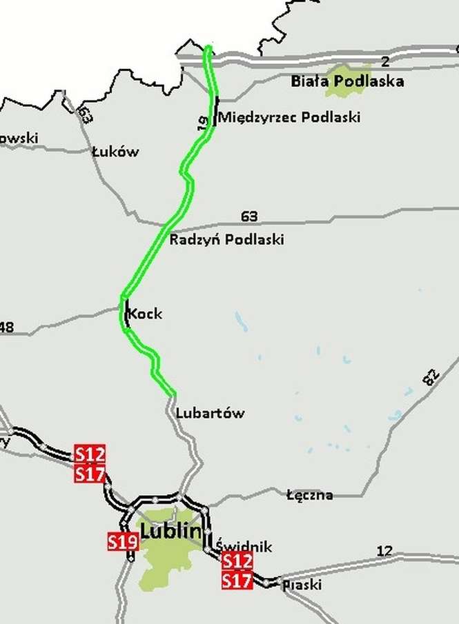 Przebieg S19 na północ od Lublina