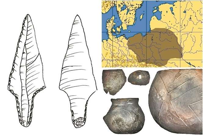 Od lewej: Świderskie ostrze trzoneczkowate, zasięg kultury świderskiej i przykłady ceramiki z okresu kultury ceramiki wstęgowej rytej