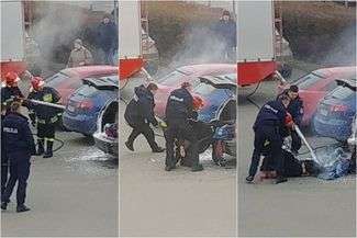 Strażacy gaszą samochód, znajdują w środku człowieka. Dramatyczne wideo świadka zdarzenia