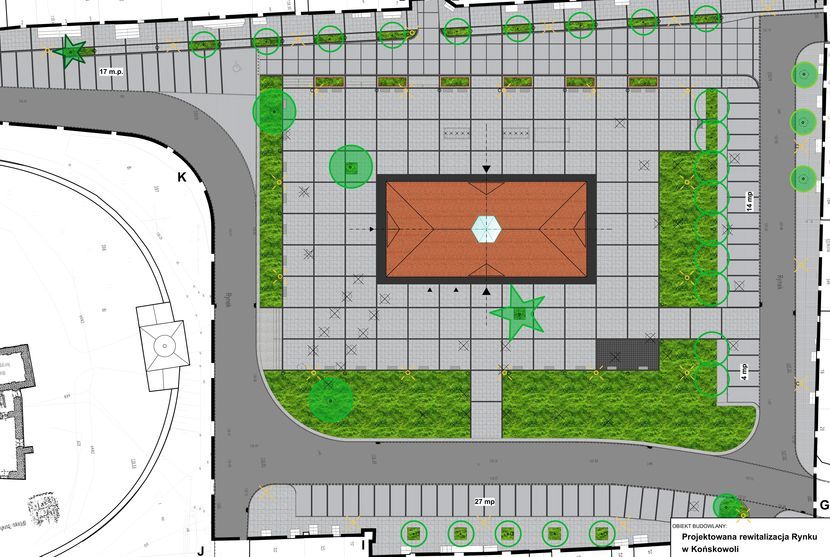 Tak wygląda projekt przebudowy rynku w Końskowoli, który uwzględnia m.in. jego nową nawierzchnię z kamiennych płyt, uporządkowaną zieleń i miejsca parkingowe
