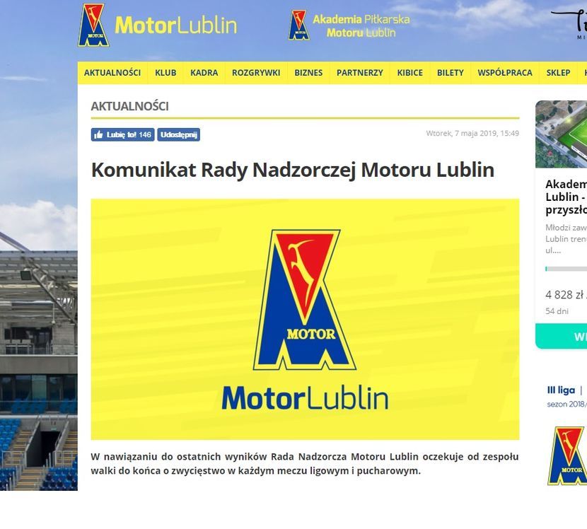 Komunikat pojawił się na stronie Motoru Lublin we wtorek.