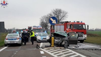 Lubelskie: Czołowe zderzenie samochodów na krajowej "12". Są ranni