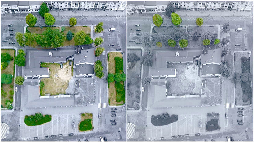 Po lewej: zieleń teraz. Po prawej: zieleń po rewitalizacji wg. projektu z 2014 r.