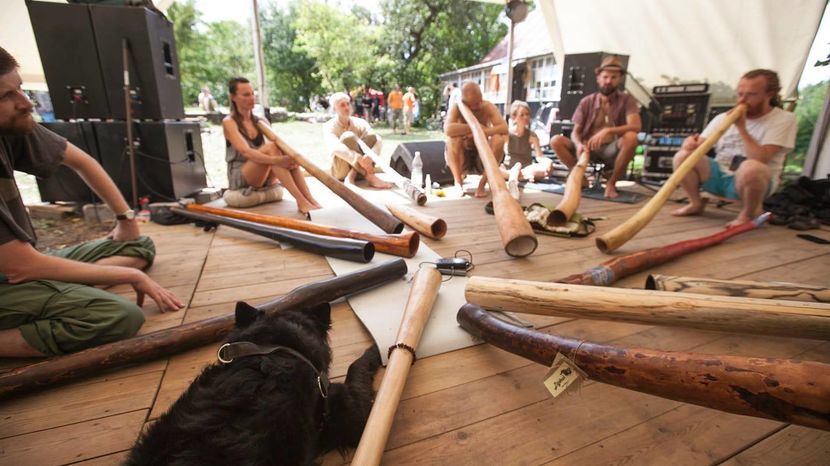 Muzycy grający na didgeridoo podczas festiwalu tego instrumentu „Dźwięki z korzenia”, które odbywa się w Wojszynie (woj. lubelskie)