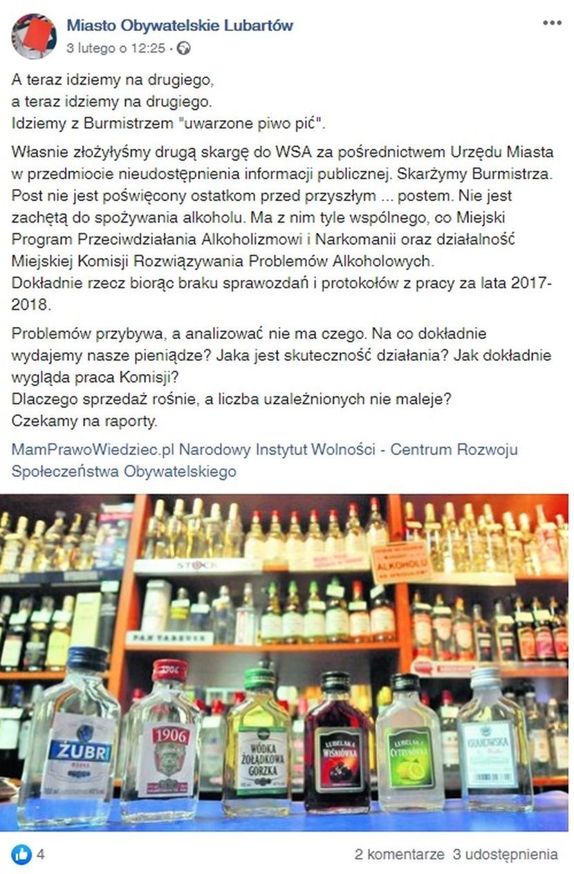 Burmistrzowi nie się spodobało się, że post Miasta Obywatelskiego Lubartów został opatrzony butelkami z alkoholem<br />
<br />
