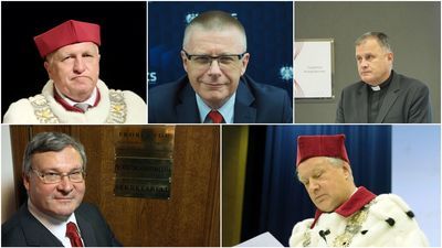 Wszyscy rektorzy lubelskich uczelni publicznych żegnają się ze stanowiskami. W górnym rzędzie od lewej: Zygmunt Litwińczuk (UP), Piotr Kacejko (PL) i ks. prof. Antoni Dębiński (KUL). W dolnym rzędzie od lewej: Andrzej Drop (UM) i Stanisław Michałowski (UMCS)