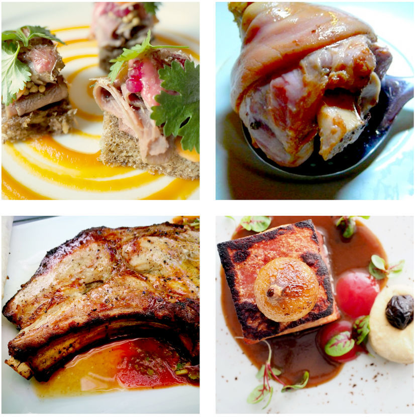 Od lewej u góry: kanapka z pieczonym mięsem na chlebie, golonka po berlińsku<br />
Od lewej u dołu: żeberko w sosie paprykowym, boczek w ciemnym sosie pieczarkowym