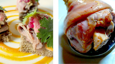 Od lewej u góry: kanapka z pieczonym mięsem na chlebie, golonka po berlińsku
Od lewej u dołu: żeberko w sosie paprykowym, boczek w ciemnym sosie pieczarkowym