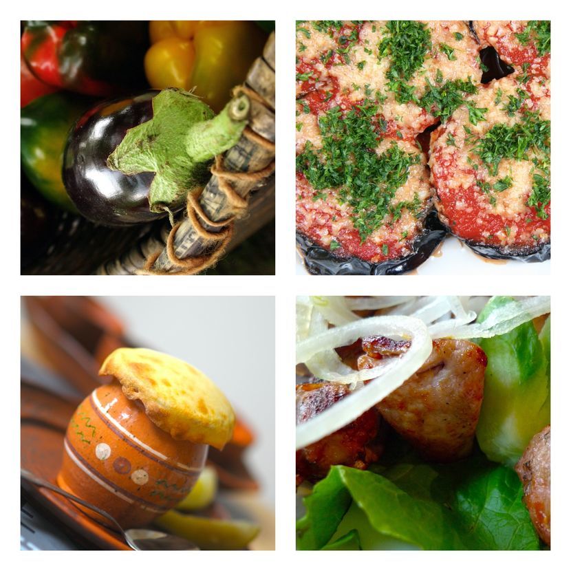 Od lewej na górze: papryki i bakłażany w każdej ilości, bakłażan z mięsem mielonym<br />
Od lewej na dole: zupa z soczewicy zapiekana pod ciastem, turecki grill