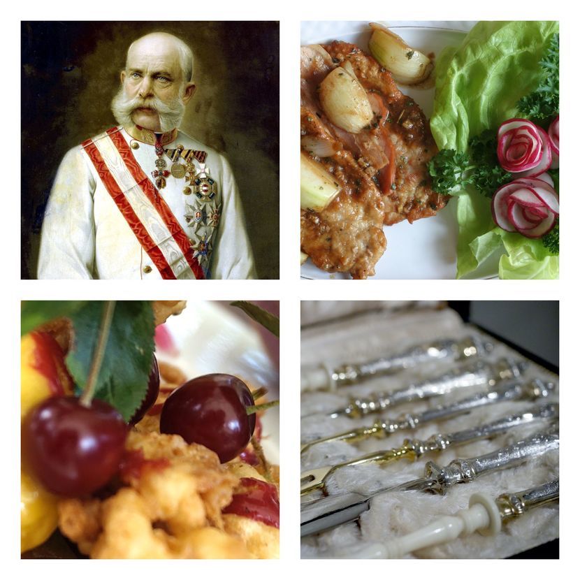 Od lewej na górze: cesarz Franciszek Józef, sznycelki cielęce<br />
Od lewej na dole: omlet cesarski z czereśniami, sztućce bywały dziełami sztuki