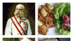 Od lewej na górze: cesarz Franciszek Józef, sznycelki cielęce
Od lewej na dole: omlet cesarski z czereśniami, sztućce bywały dziełami sztuki